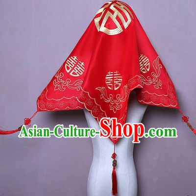 Chinese Classical Wedding Headpiece Traditional Xiuhe Suit Accessories Embroidered Red Satin Bridal Veil