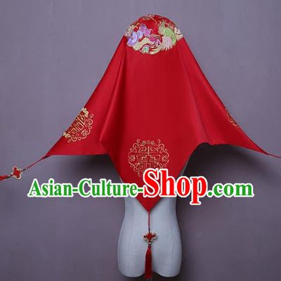 Chinese Traditional Xiuhe Suit Accessories Embroidered Phoenix Red Satin Bridal Veil Classical Wedding Headwear
