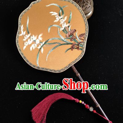 Chinese Traditional Song Dynasty Princess Palace Fan Handmade Embroidered Orchids Silk Fan