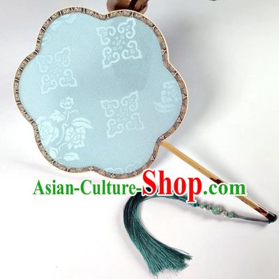 Chinese Traditional Hanfu Fan Palace Fan Handmade Jacquard Blue Silk Begonia Fan