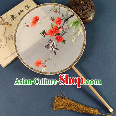 Chinese Traditional Hanfu Circular Fan Silk Fan Handmade Embroidered Flower Bird Palace Fan