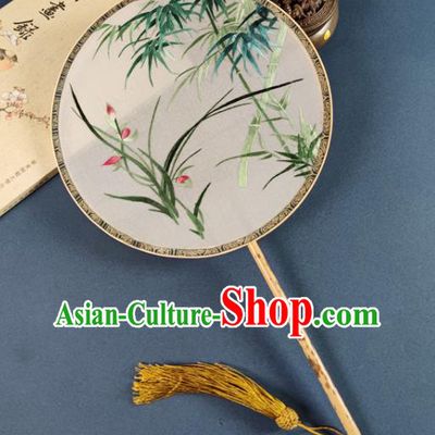 Chinese Silk Fan Handmade Embroidered Orchid Bamboo Palace Fan Traditional Hanfu Circular Fan