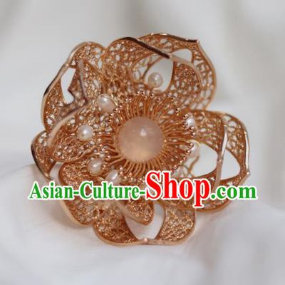 China Ancient Princess Pearls Hairpin Traditional Ming Dynasty Golden Flower Hair Stick