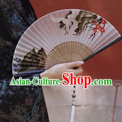 Chinese Traditional Silk Fan Bamboo Accordion Printing Crane Plum Folding Fan
