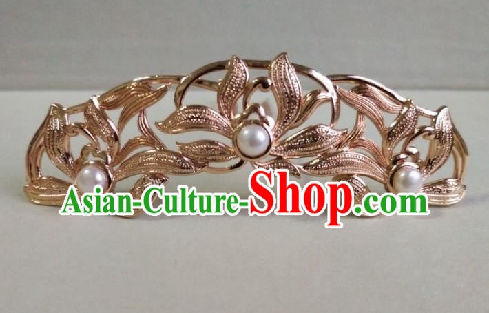 China Ancient Queen Hairpin Traditional Ming Dynasty Golden Orchids Hair Crown China Ancient Queen Hairpin Traditional Ming Dynasty Golden Orchids Hair Crown