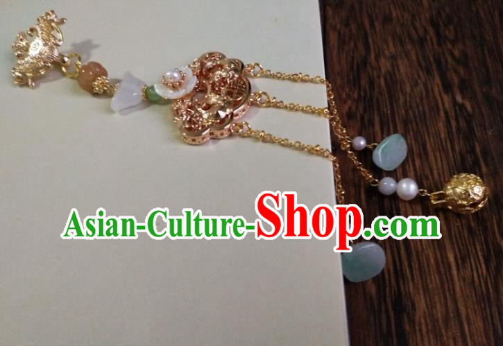 Chinese Traditional Hanfu Golden Lotus Brooch Accessories Classical Jade Tassel Pendant Chinese Traditional Hanfu Golden Lotus Brooch Accessories Classical Jade Tassel Pendant