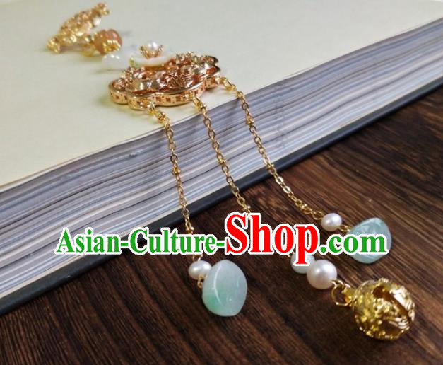 Chinese Traditional Hanfu Golden Lotus Brooch Accessories Classical Jade Tassel Pendant Chinese Traditional Hanfu Golden Lotus Brooch Accessories Classical Jade Tassel Pendant