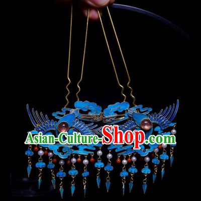 Chinese Ancient Empress Cloisonne Crane Tassel Hairpin Traditional Qing Dynasty Hair Jewelry Tourmaline Accessories