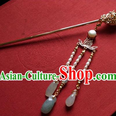 China Ancient Princess Aventurine Hairpin Traditional Ming Dynasty Pearls Tassel Hair Stick