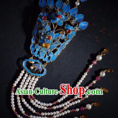 Chinese Qing Dynasty Empress Pearls Tassel Hairpin Traditional Hair Jewelry Ancient Empress Blueing Phoenix Hair Crown