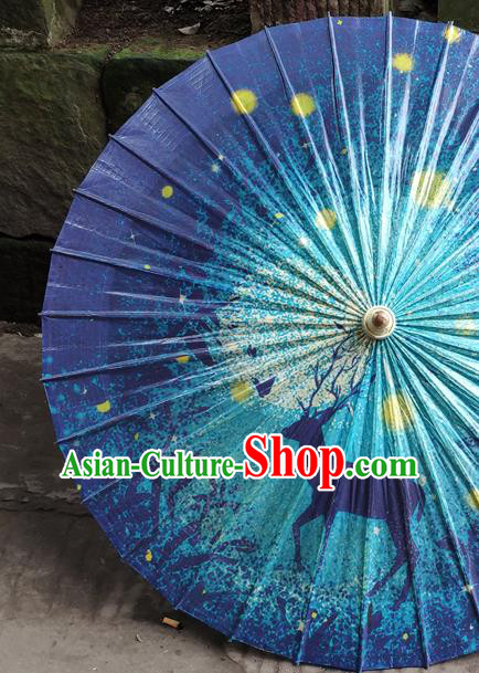 China Classical Printing Deer Umbrella Handmade Dance Umbrellas Craft Traditional Blue Oil Paper Umbrella China Classical Printing Deer Umbrella Handmade Dance Umbrellas Craft Traditional Blue Oil Paper Umbrella