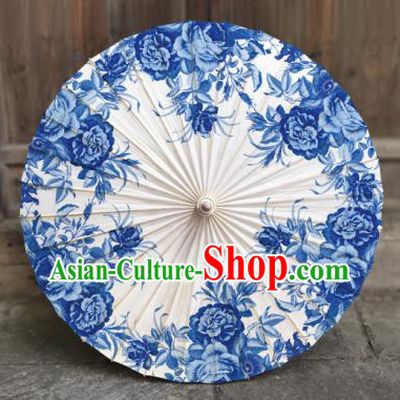 China Handmade Umbrellas Traditional Printing Blue Peony Oil Paper Umbrella Classical Dance Umbrella
