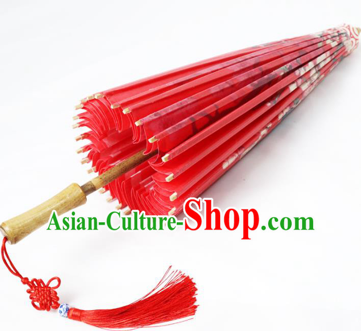 China Traditional Painting Plum Blossom Red Oil Paper Umbrella Handmade Classical Wedding Umbrella China Traditional Painting Plum Blossom Red Oil Paper Umbrella Handmade Classical Wedding Umbrella