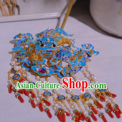 Chinese Traditional Blueing Lion Hair Jewelry Ancient Ming Dynasty Empress Tassel Hairpin Agate Accessories