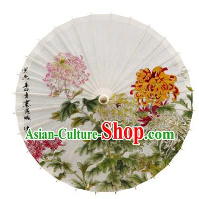 China Traditional White Paper Umbrella Handmade Painting Chrysanthemum Oil Paper Umbrella