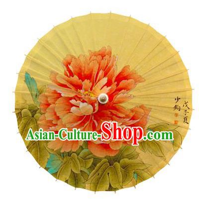 China Traditional Yellow Paper Umbrella Handmade Painting Peony Oil Paper Umbrella