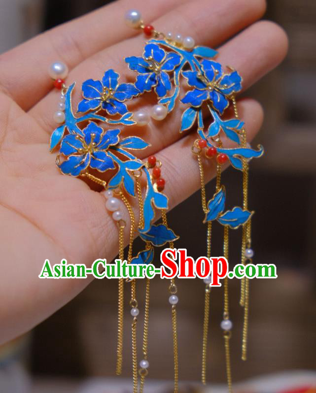 Chinese Traditional Blueing Flowers Earrings Culture Jewelry Cheongsam Golden Tassel Ear Accessories Chinese Traditional Blueing Flowers Earrings Culture Jewelry Cheongsam Golden Tassel Ear Accessories