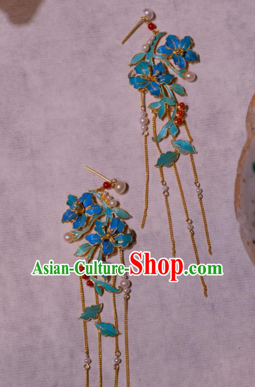 Chinese Traditional Blueing Flowers Earrings Culture Jewelry Cheongsam Golden Tassel Ear Accessories Chinese Traditional Blueing Flowers Earrings Culture Jewelry Cheongsam Golden Tassel Ear Accessories
