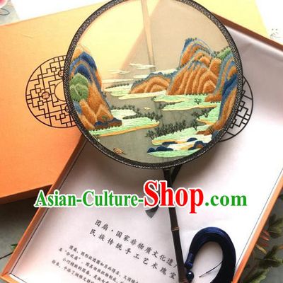 Chinese Traditional Embroidered Landscape Palace Fan Classical Silk Fan Handmade Circular Fan
