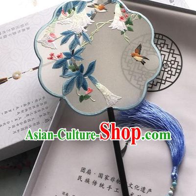 Chinese Handmade Hanfu Fan Traditional Embroidered Flowers Bird Palace Fan Classical Dance Silk Fan