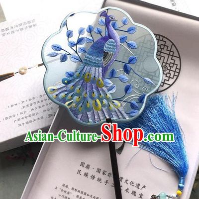 Chinese Handmade Silk Fan Traditional Suzhou Embroidered Peacock Palace Fan Classical Dance Fan