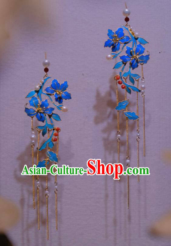 Chinese Traditional Blueing Flowers Earrings Culture Jewelry Cheongsam Golden Tassel Ear Accessories Chinese Traditional Blueing Flowers Earrings Culture Jewelry Cheongsam Golden Tassel Ear Accessories