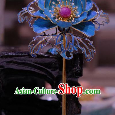 Chinese Traditional Hair Jewelry Ancient Empress Ruby Hair Stick Qing Dynasty Empress Blueing Peony Hairpin
