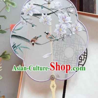 Chinese Handmade Embroidered Mangnolia Palace Fan Traditional Cheongsam Dance Fan Classical Silk Fan