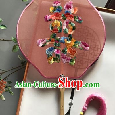 Chinese Traditional Wedding Bride Fan Classical Palace Fan Handmade Embroidered Red Silk Fan