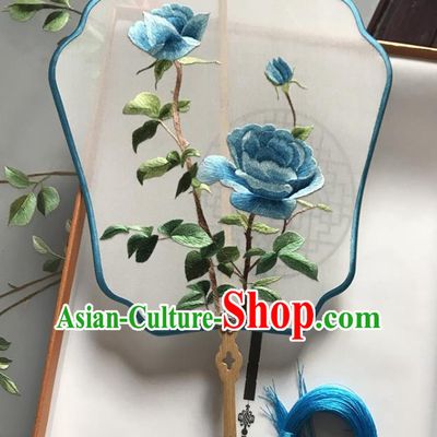Chinese Classical Dance Palace Fan Handmade Embroidered Blue Rose Silk Fan Traditional Ancient Princess Fan