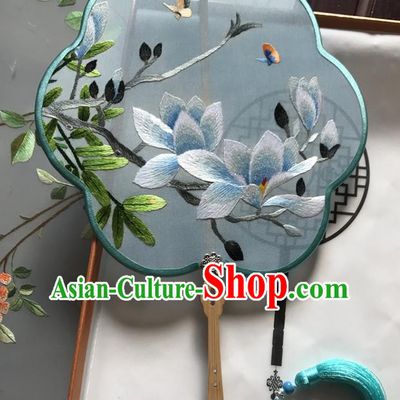 Chinese Handmade Embroidered Mangnolia Blue Silk Fan Traditional Ancient Princess Fan Classical Dance Palace Fan