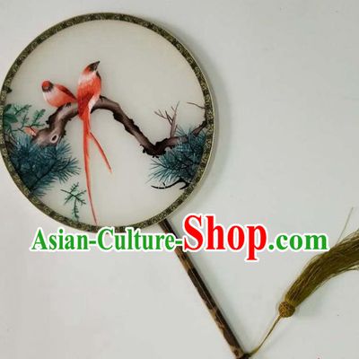 Chinese Traditional Hanfu Circular Fan Cultural Dance Palace Fan Handmade Embroidered Pine Birds Silk Fan