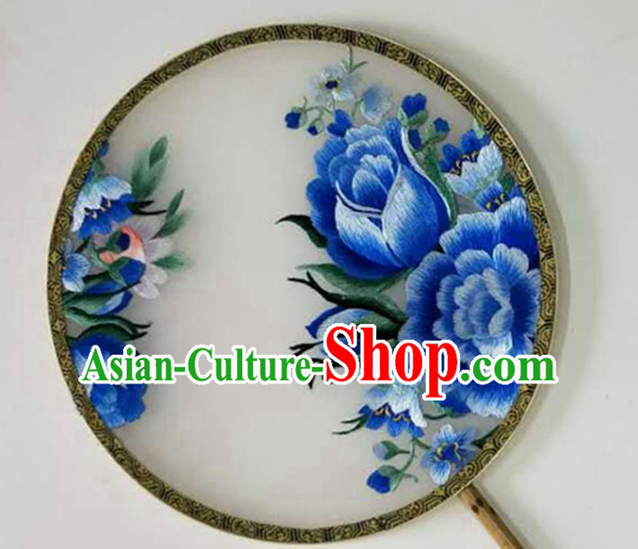 Chinese Handmade Embroidered Blue Peony Silk Palace Fan Traditional Hanfu Circular Fan Chinese Handmade Embroidered Blue Peony Silk Palace Fan Traditional Hanfu Circular Fan