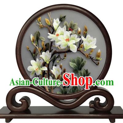 Chinese Rosewood Table Ornament Handmade Suzhou Embroidery Mangnolia Desk Screen