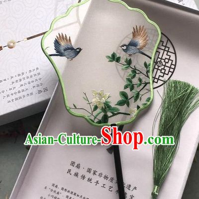 Chinese Classical Silk Fan Handmade Palace Fan Traditional Embroidered Flower Bird Fan