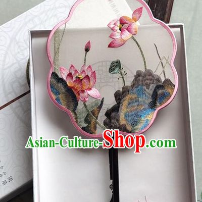 Chinese Handmade Palace Fan Traditional Embroidered Lotus Fan Classical Silk Fan