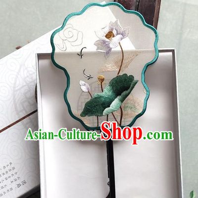 Chinese Traditional Embroidered Lotus Fan Classical Silk Fan Handmade Ancient Princess Palace Fan