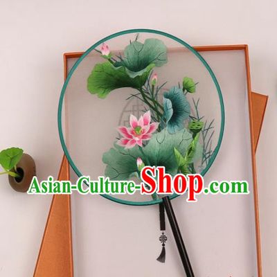 Chinese Handmade Silk Circular Fan Traditional Hanfu Fan Suzhou Embroidered Lotus Palace Fan
