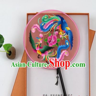 Chinese Suzhou Embroidered Phoenix Palace Fan Handmade Silk Circular Fan Traditional Hanfu Fan
