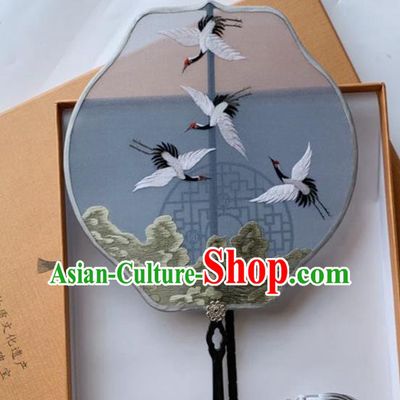 Chinese Traditional Hanfu Fan Ancient Princess Blue Silk Fan Handmade Embroidered Cranes Palace Fan