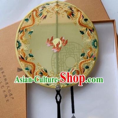 Chinese Traditional Hanfu Circular Fan Yellow Silk Fan Handmade Embroidered Dragons Palace Fan