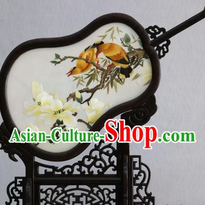 Chinese Handmade Rosewood Carving Gourd Desk Decoration Traditional Double Side Embroidered Mangnolia Table Screen