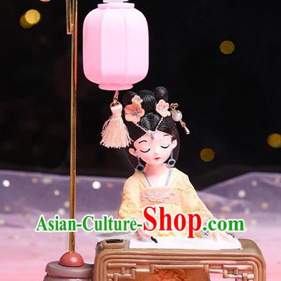 China Handmade Beijing Yellow Silk Figurine Doll Traditional Tang Dynasty Beauty Doll Lantern