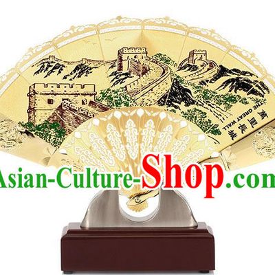 Chinese Handmade Brass Fan Traditional Folding Fan Printing The Great Wall Accordion Decoration