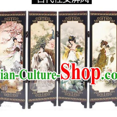 Chinese Traditional Printing Palace Lady Folding Screen Handmade Lacquerware Table Decoration
