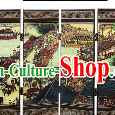 Chinese Handmade Lacquerware Table Screen Decoration Traditional Printing Riverside Scene at Qingming Festival Folding Screen