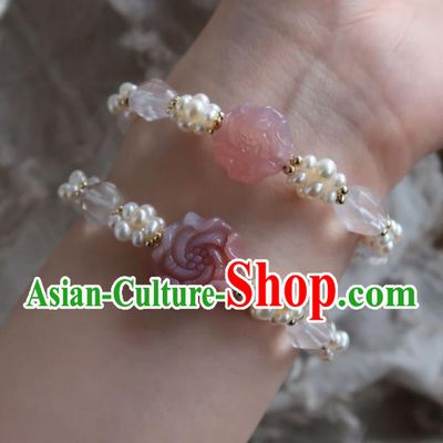 Handmade Chinese Pearls Bangle Carving Peony Wristlet Accessories Traditional Hanfu Bracelet