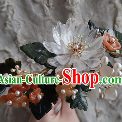 China Handmade Hanfu White Epiphyllum Hairpin Traditional Ancient Ming Dynasty Agate Plum Hair Stick