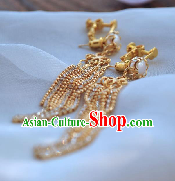 Chinese Traditional Hanfu Golden Tassel Earrings Ancient Princess Pearl Ear Accessories Chinese Traditional Hanfu Golden Tassel Earrings Ancient Princess Pearl Ear Accessories