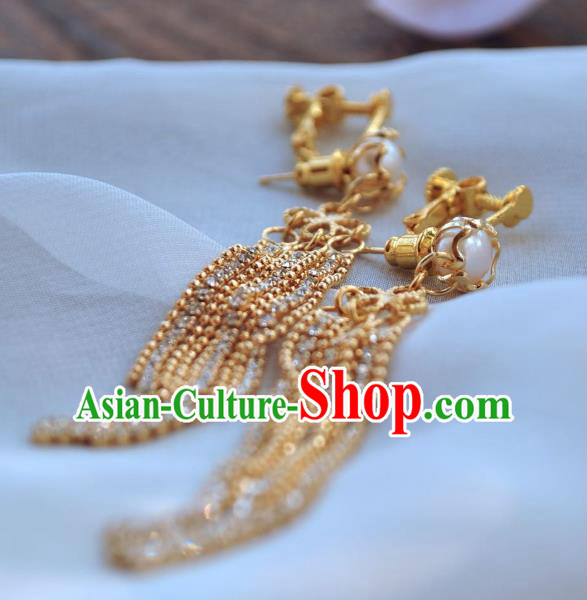 Chinese Traditional Hanfu Golden Tassel Earrings Ancient Princess Pearl Ear Accessories Chinese Traditional Hanfu Golden Tassel Earrings Ancient Princess Pearl Ear Accessories